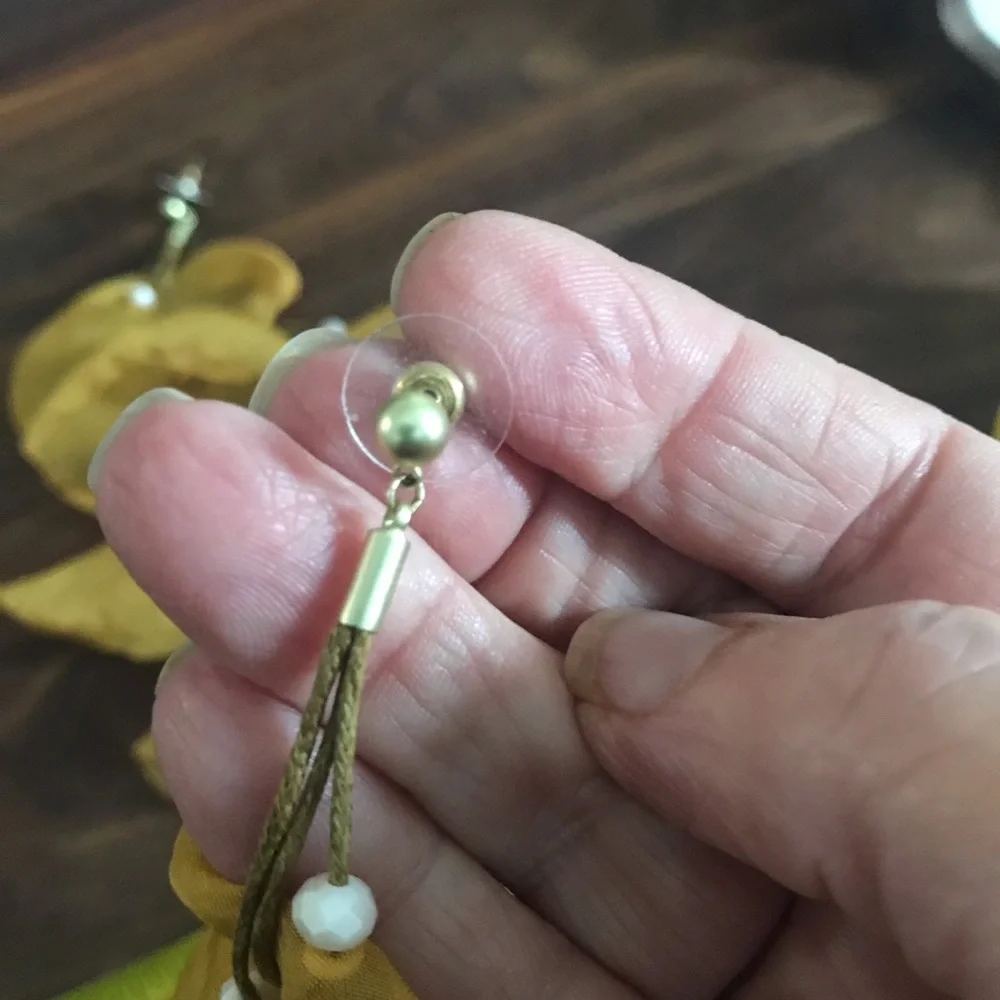 Handmade Organza Petal Pearl Drop Duster Earrings in Mustard Yellow 6.5 inches